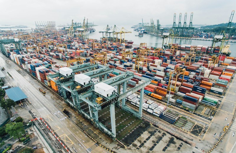 Aerial view of a busy container port